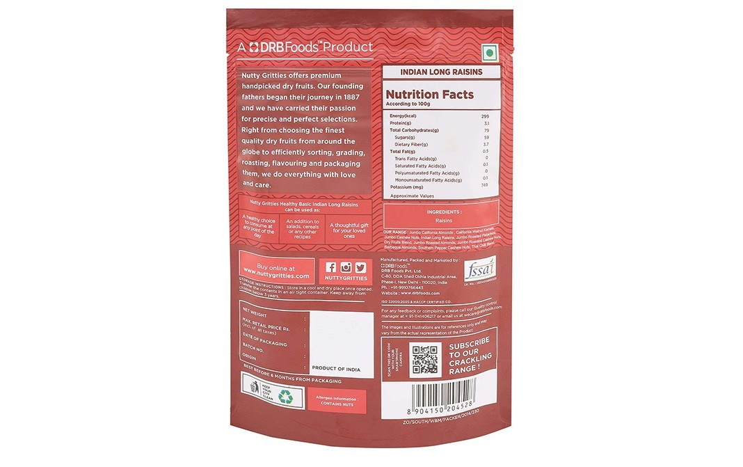 Nutty Gritties Indian Long Raisins    Pack  223 grams